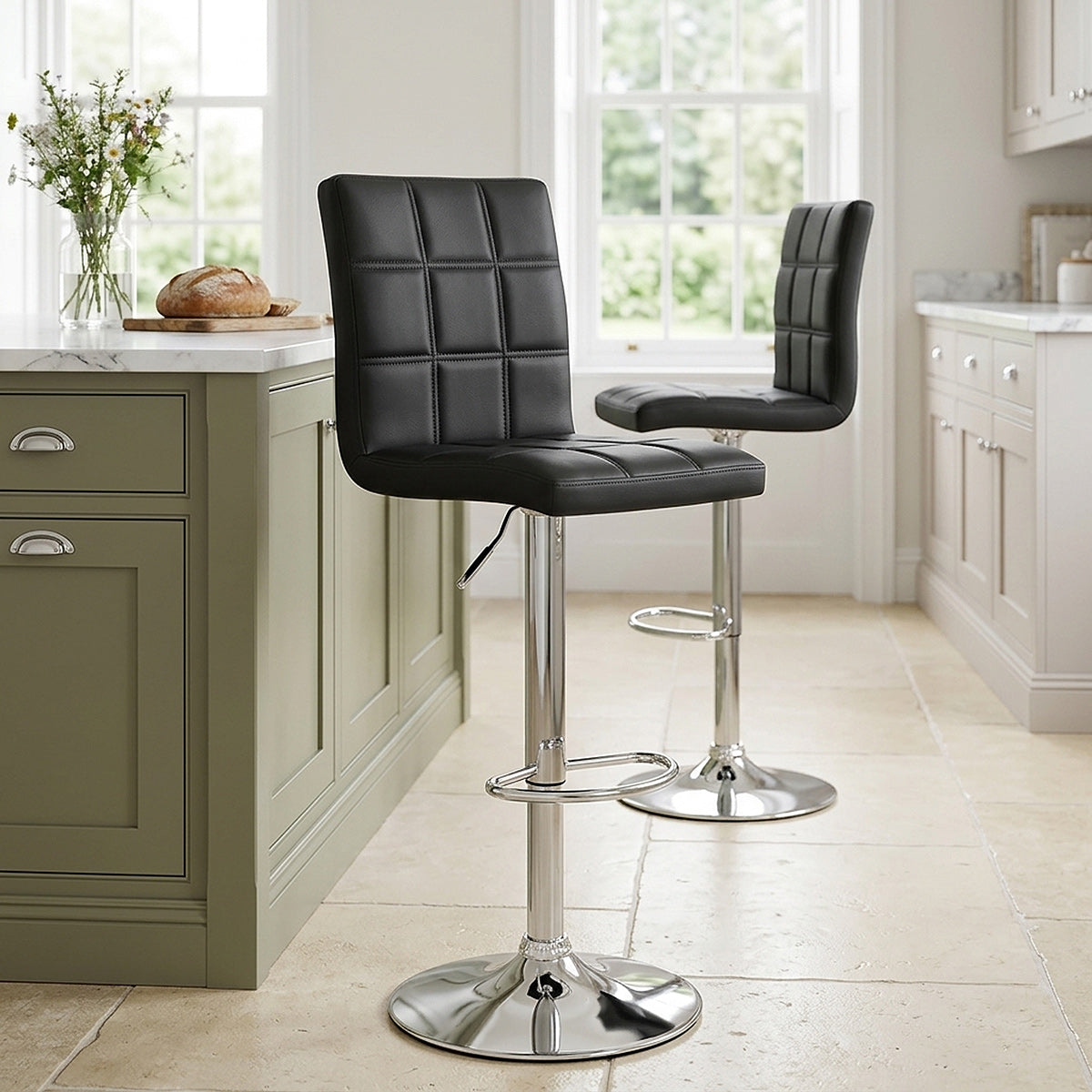 Chaise de Bar Faux Cuir Chrome - Criss Cross Noir 