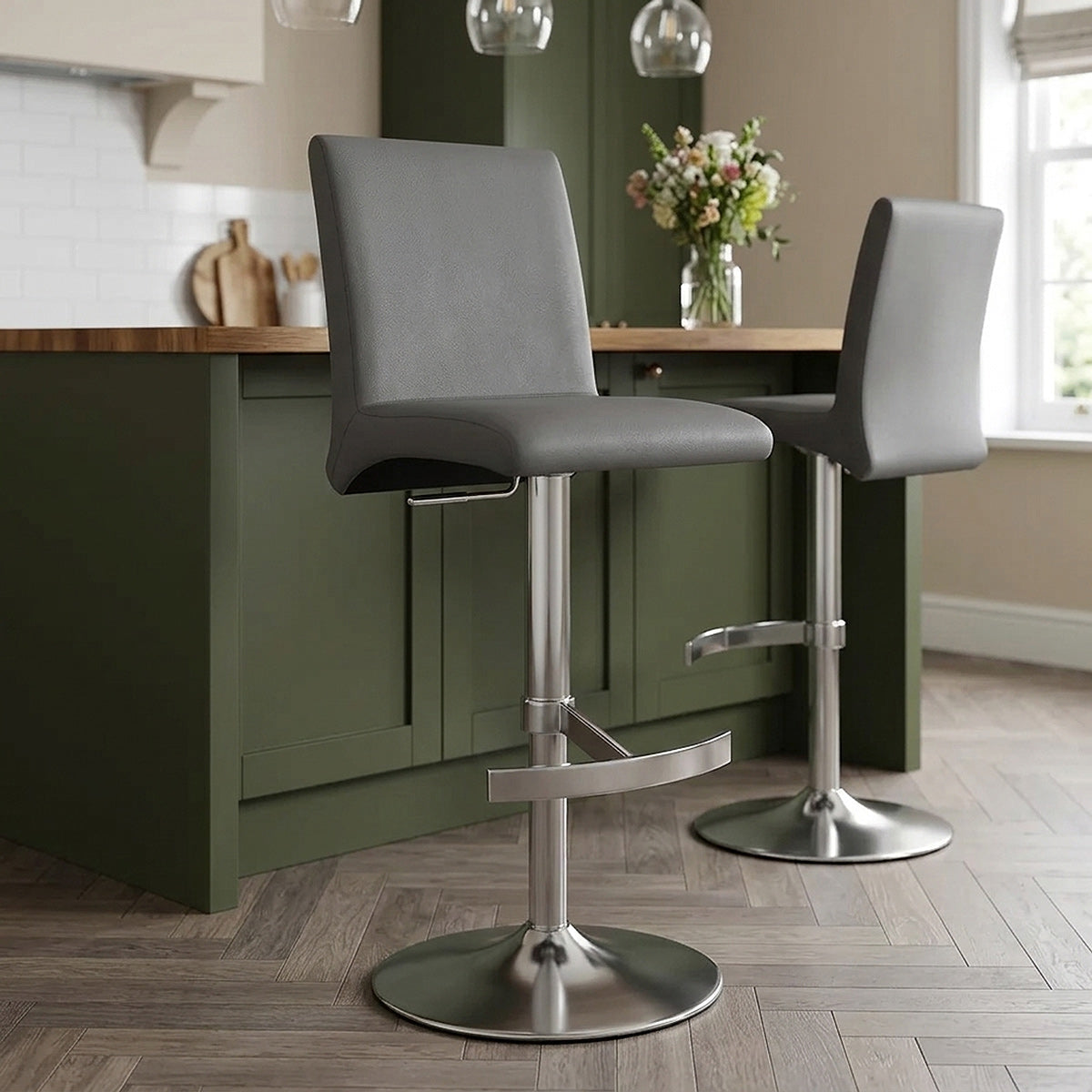 Chaise de Bar Faux Cuir Chrome Brossé - Deluxe High Back Gris 