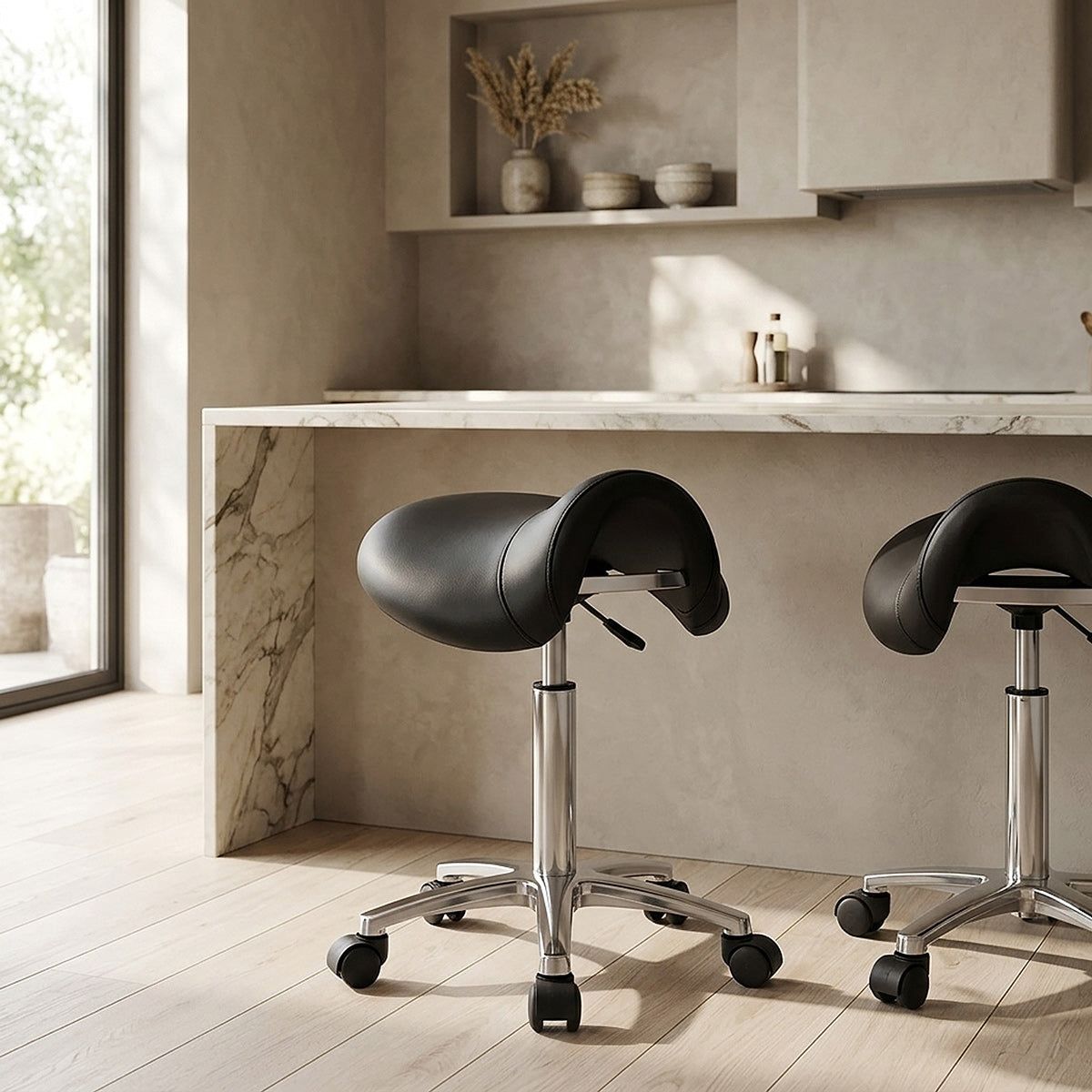 Tabouret Faux Cuir Chrome - Deluxe Saddle Noir 