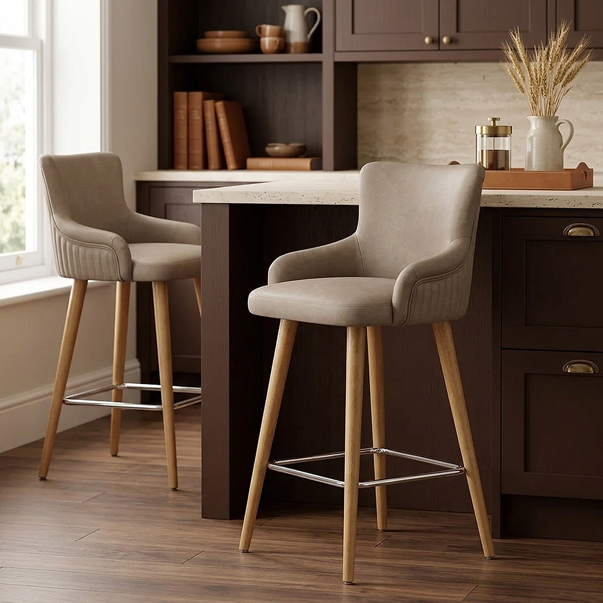 Tabouret Faux Cuir Bois - Diablo Taupe 