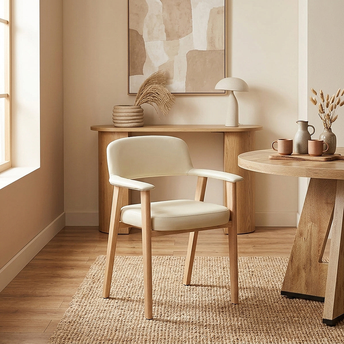 Chaise Bois Cuir Véritable - Elba Crème