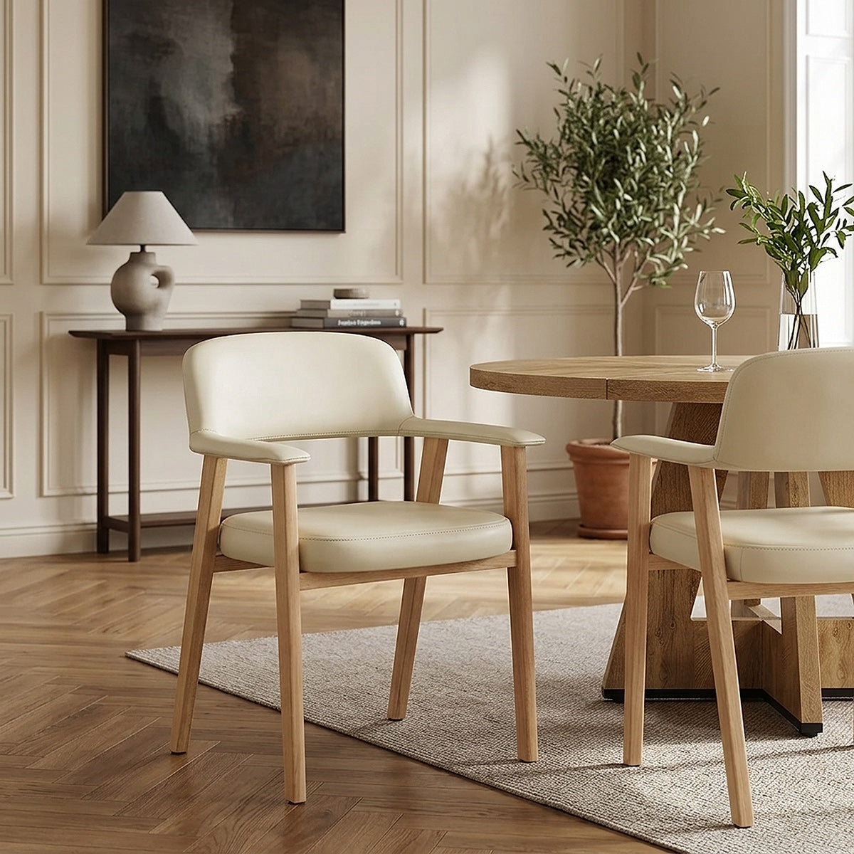 Chaise Bois Cuir Véritable - Elba Crème