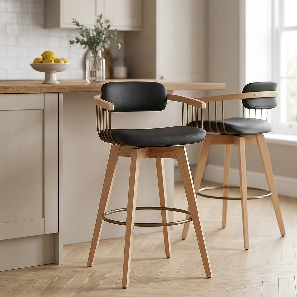 Tabouret Chêne Cuir Véritable - Electra Noir 