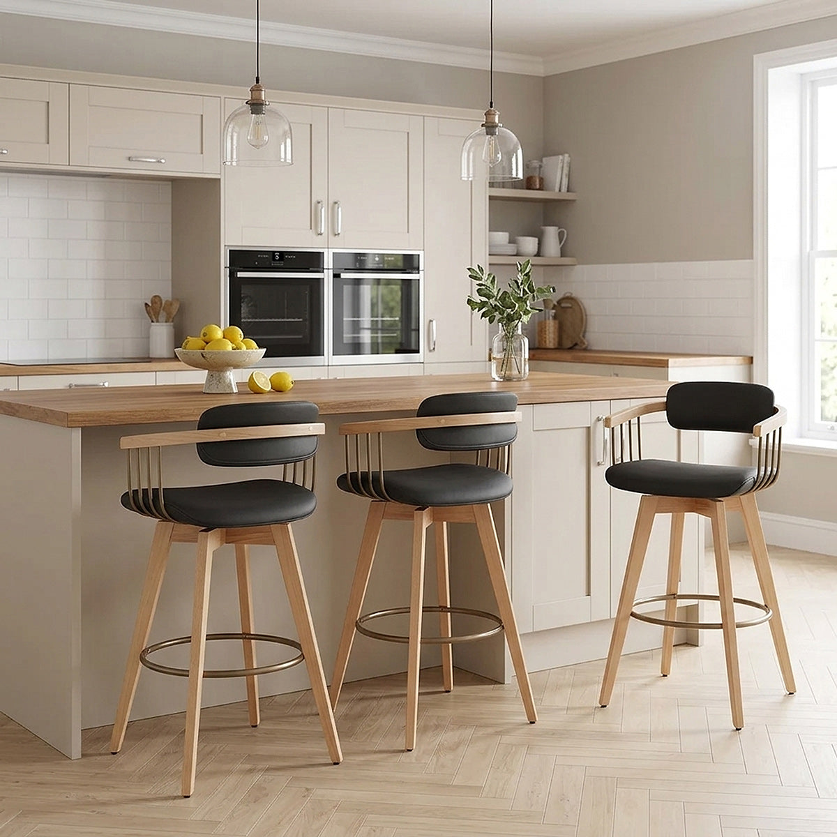 Tabouret Chêne Cuir Véritable - Electra Noir 