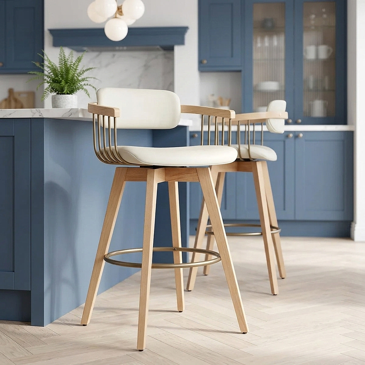 Tabouret Chêne Cuir Véritable - Electra Crème 