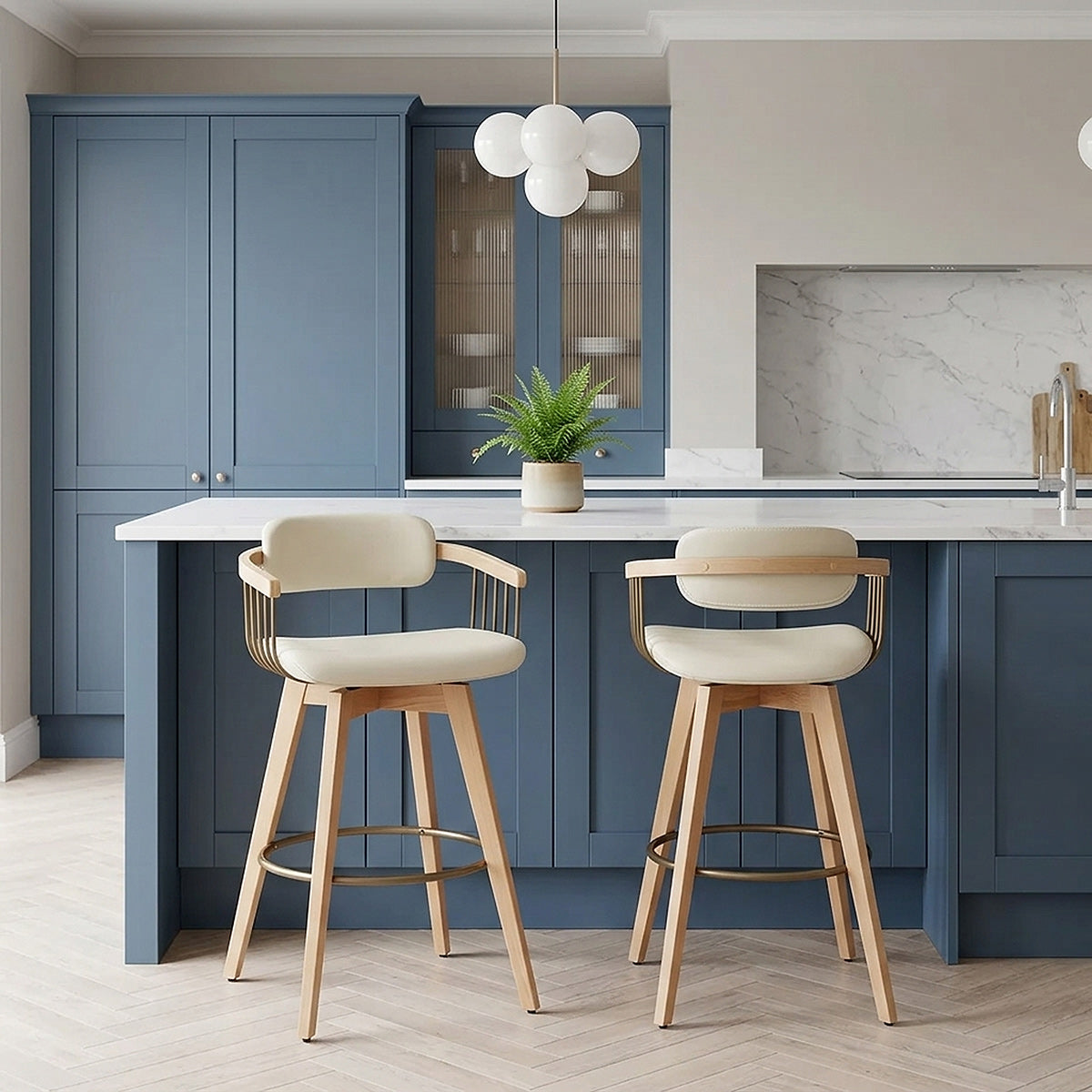 Tabouret Chêne Cuir Véritable - Electra Crème 