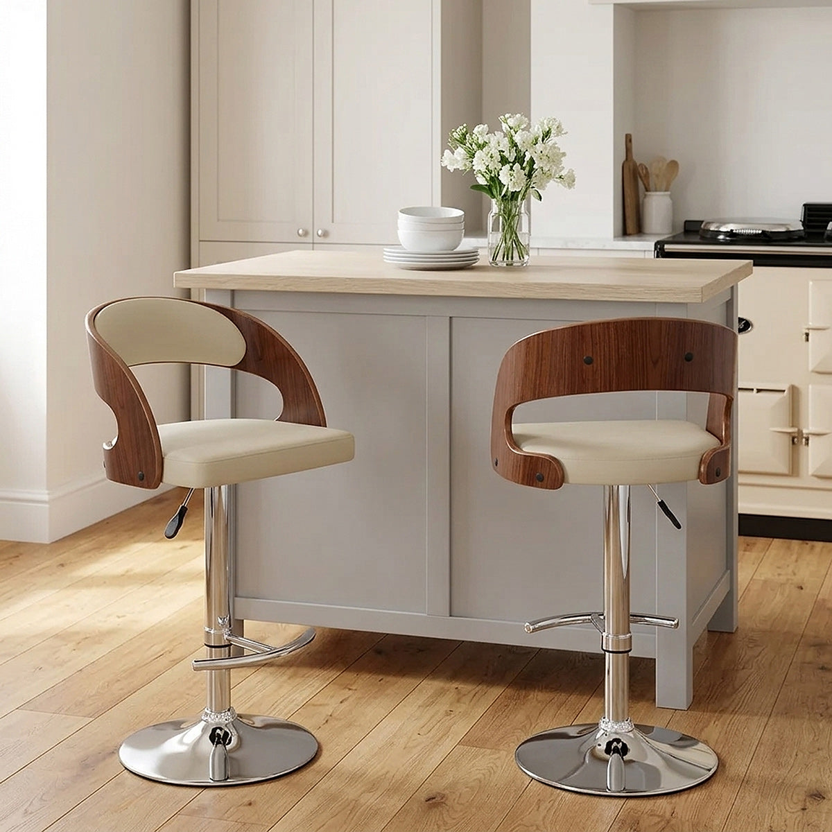 Chaise de Bar Bois Chrome - Eve Noyer Crème 