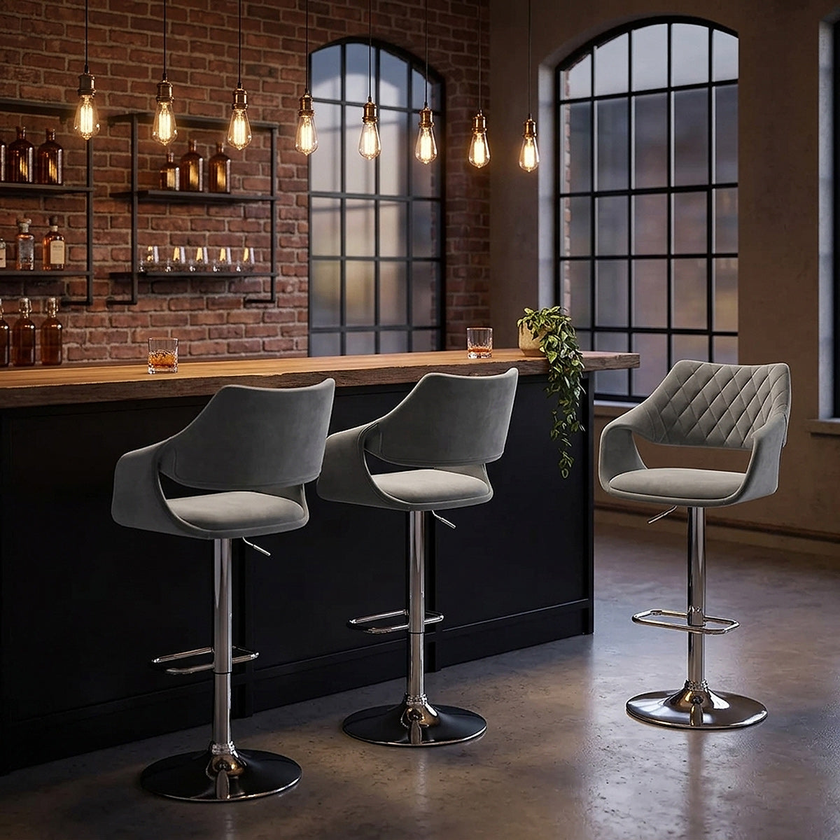 Chaise de Bar Chrome Velours - Fairfield Gris 