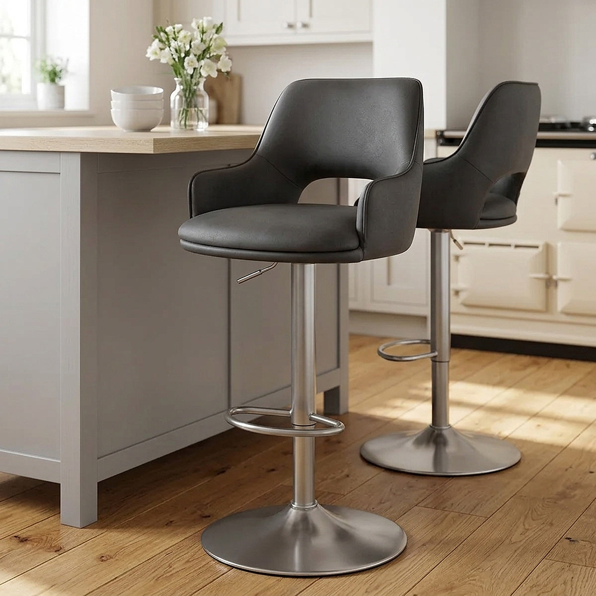 Tabouret de Bar Faux Cuir Chrome Brossé - Fiji Gris Foncé 
