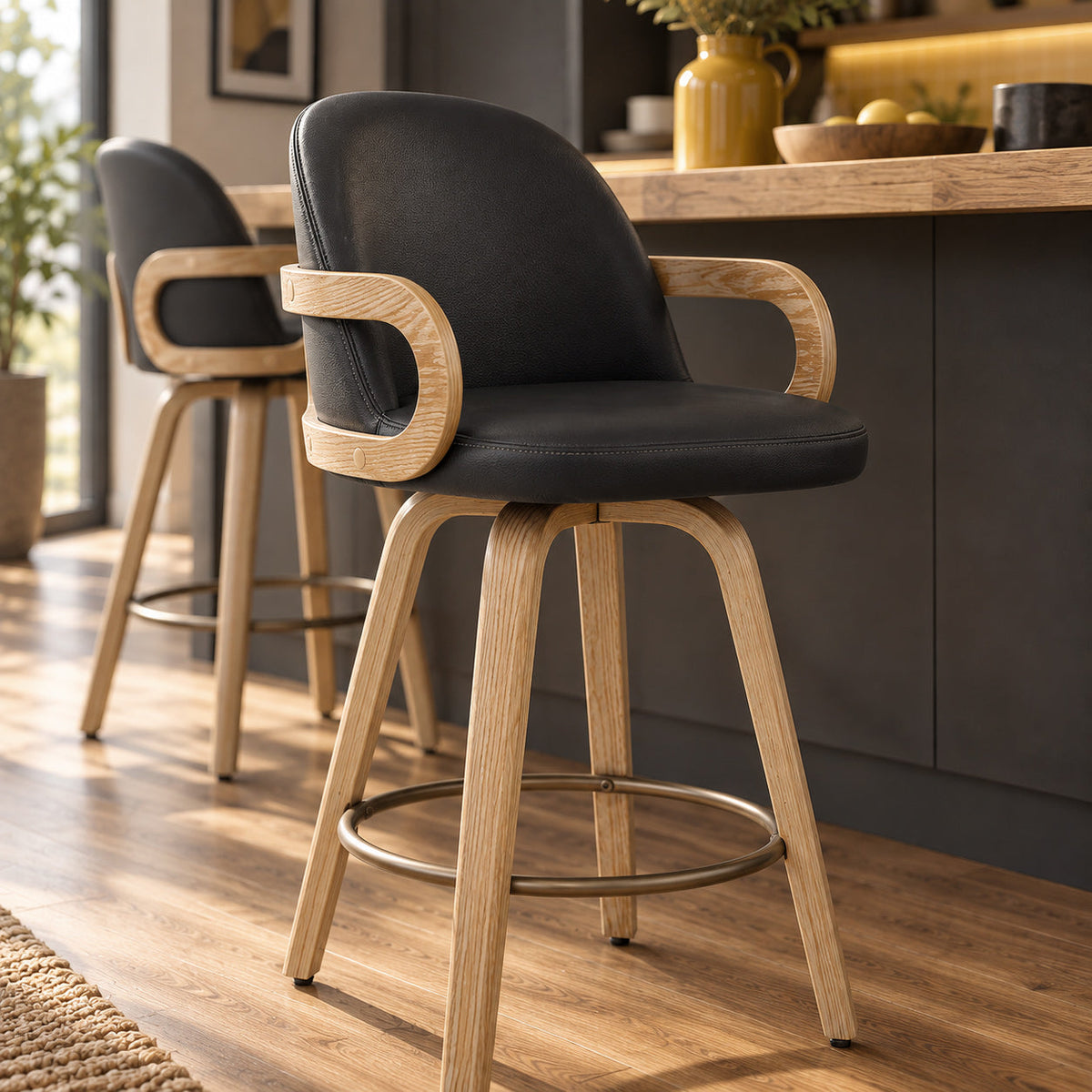 Tabouret de Bar Cuir Véritable Bois - Franco Noir