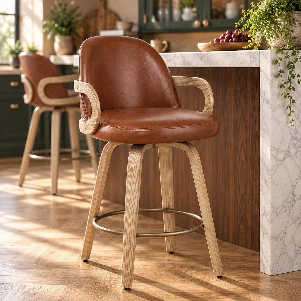 Tabouret de Bar Cuir Véritable Bois - Franco Marron
