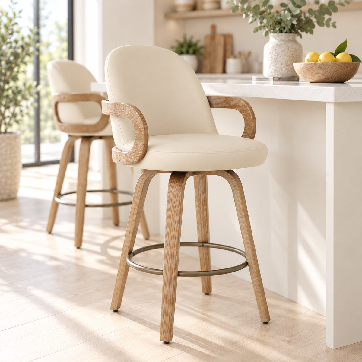 Tabouret de Bar Cuir Véritable Bois - Franco Crème