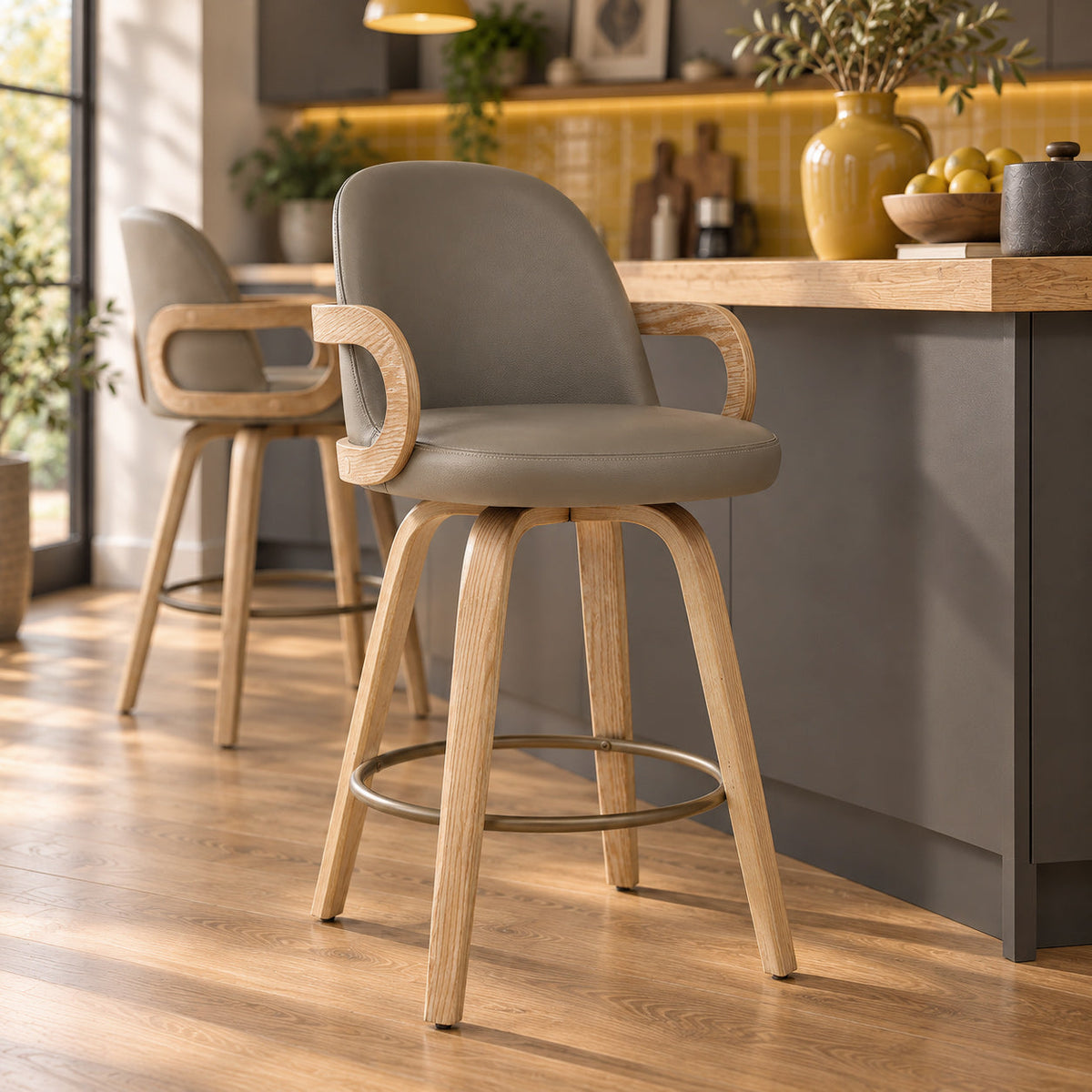 Tabouret de Bar Cuir Véritable Bois - Franco Gris