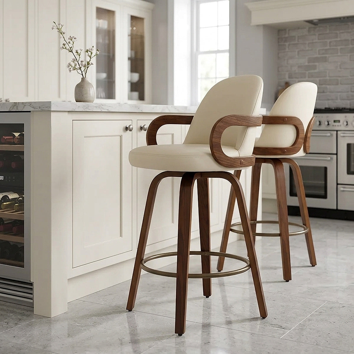 Tabouret faux cuir bois - Franco Crème 