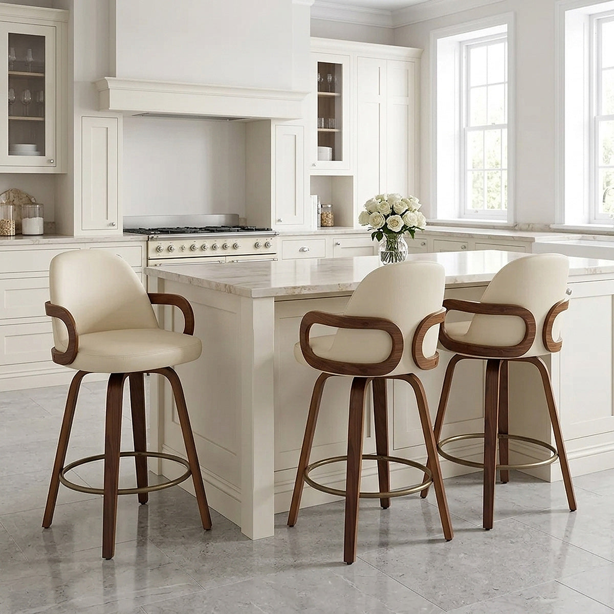 Tabouret faux cuir bois - Franco Crème 