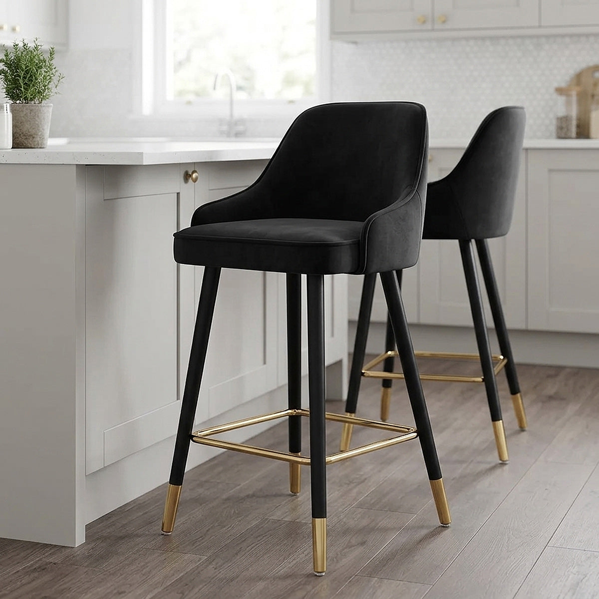 Chaise de Bar Bois Velours Doré - Glam Noir 