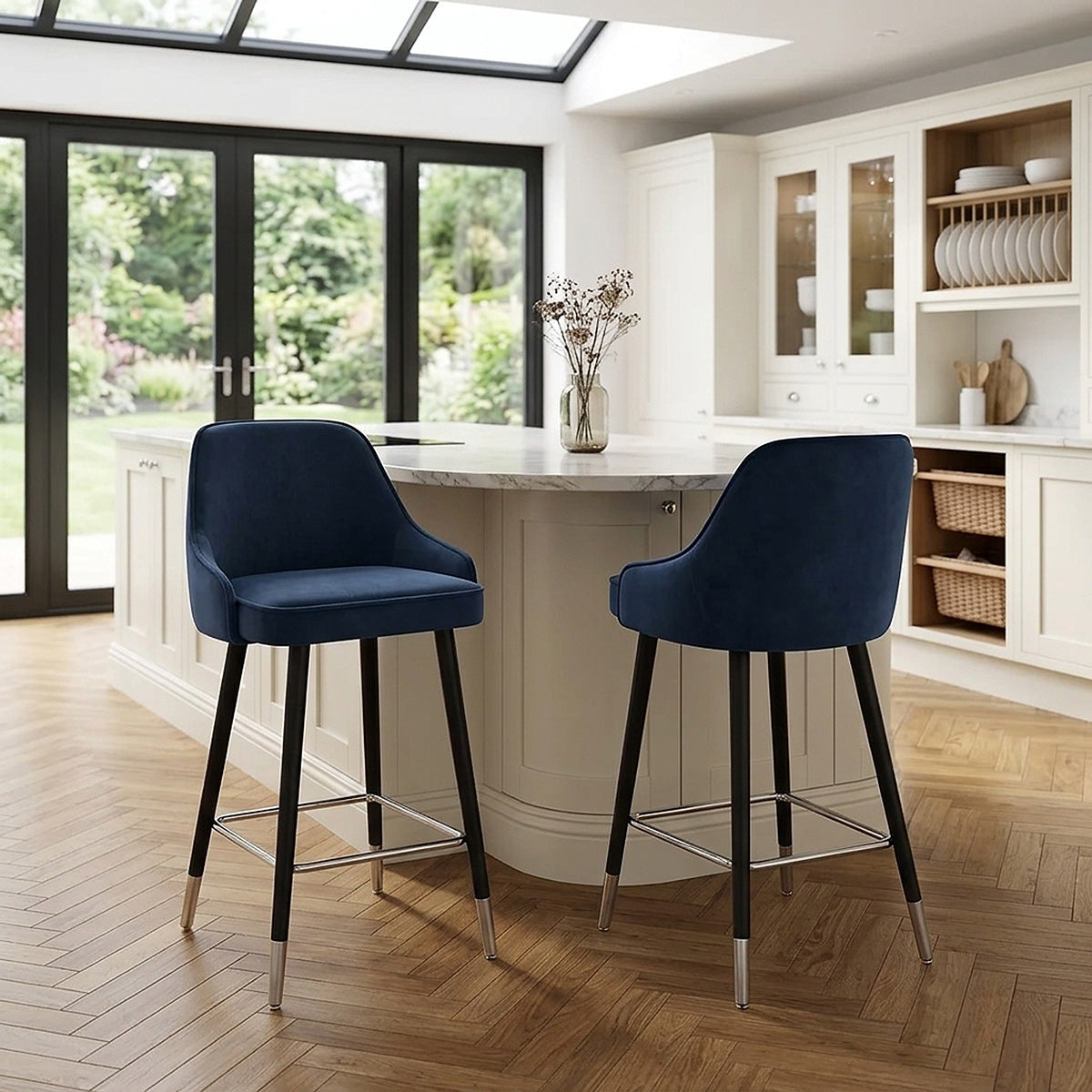 Chaise de Bar Bois Velours - Glam Bleu 