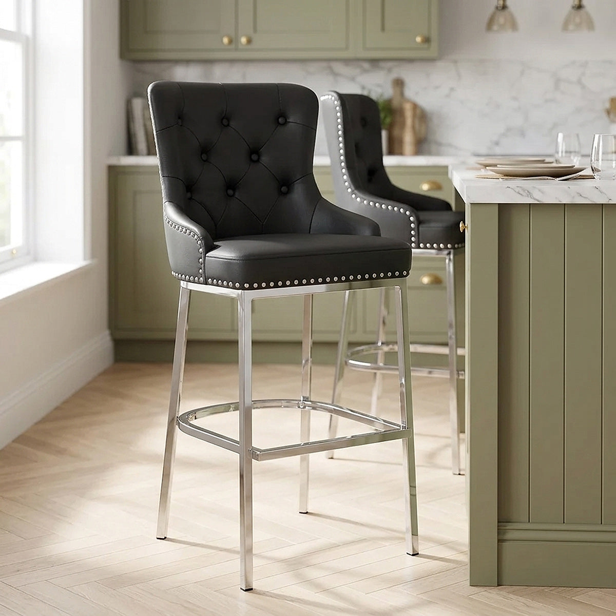 Chaise de Bar Métal Faux Cuir - Grange Noir 