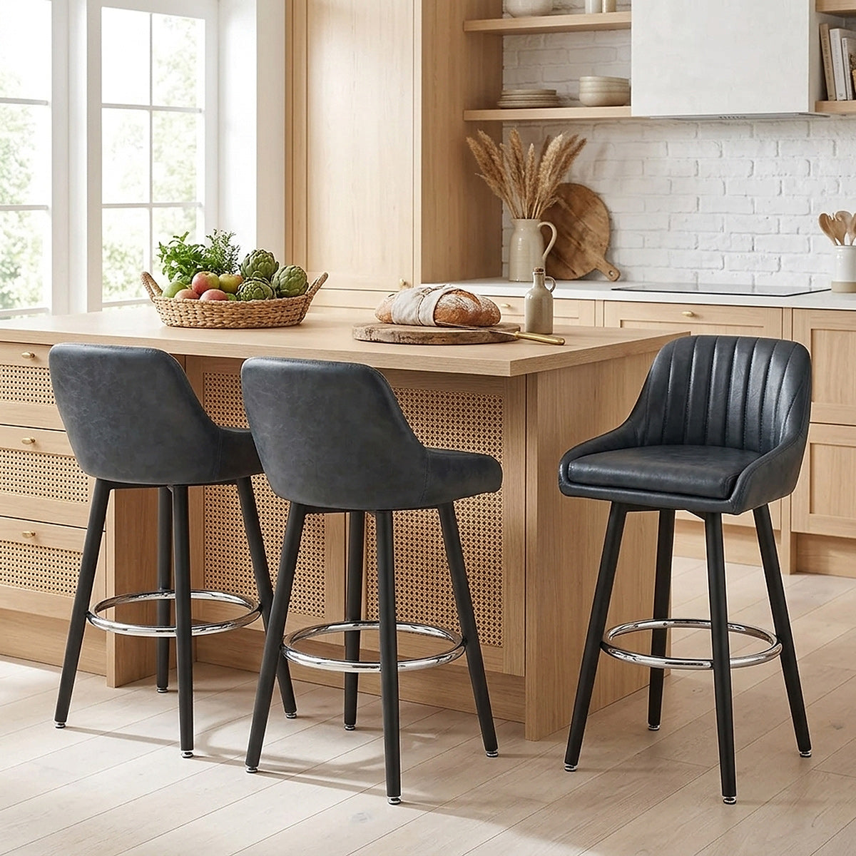 Chaise de Bar Bois Faux Cuir Antique - Hamilton Bleu Foncé