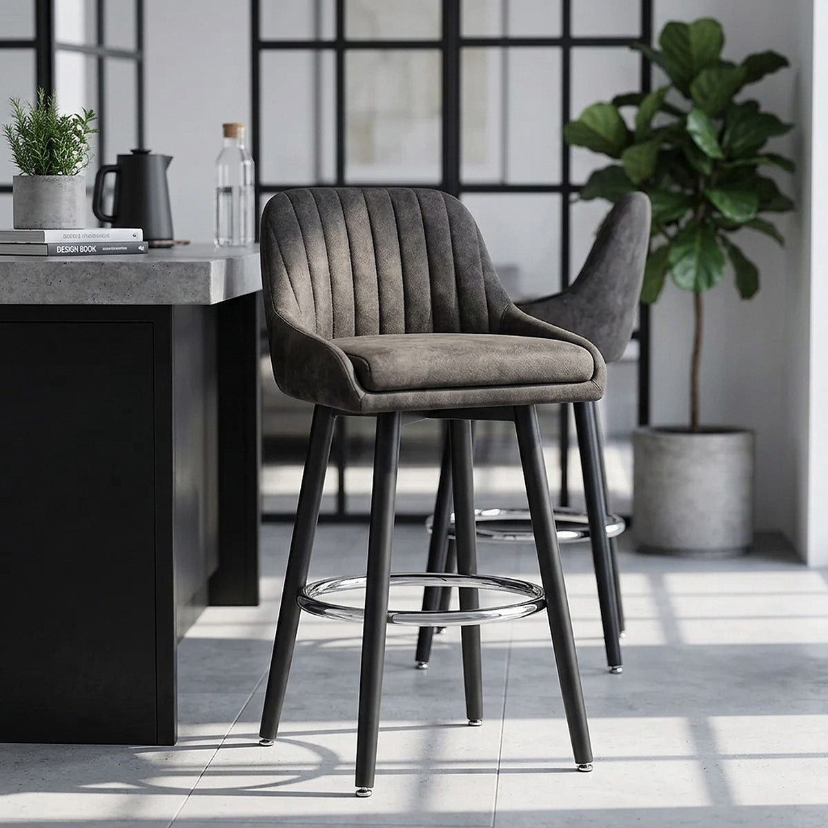 Tabouret de Bar Simili Daim Chrome - Hamilton Gris Foncé 
