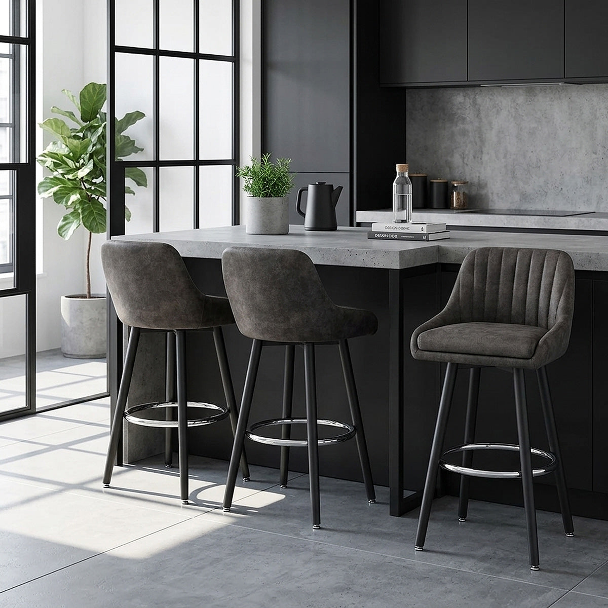Tabouret de Bar Simili Daim Chrome - Hamilton Gris Foncé 