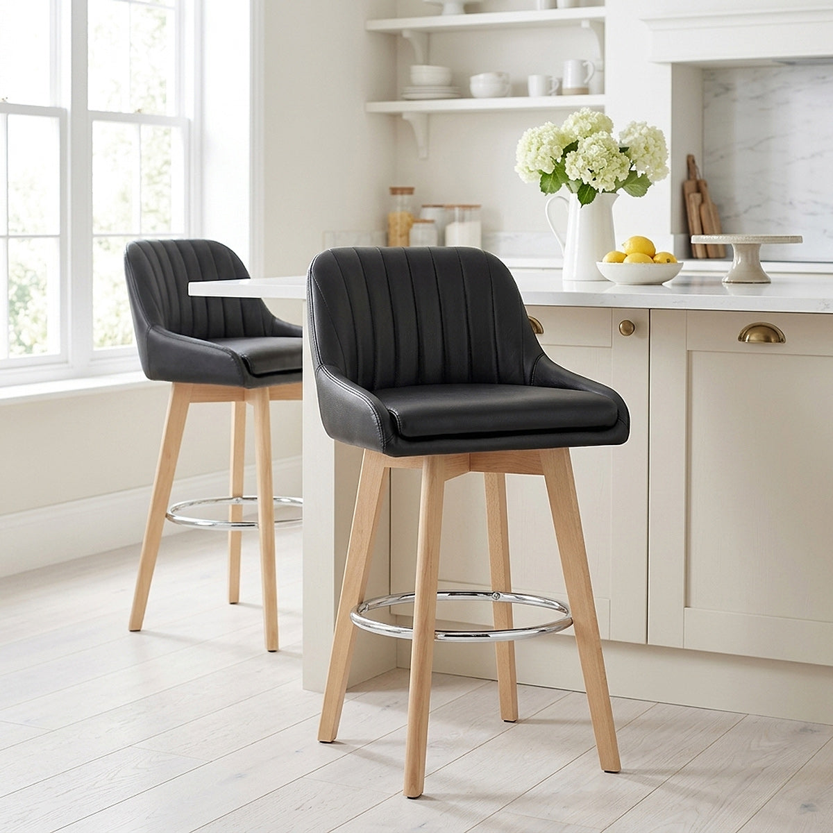 Tabouret de Bar Cuir Veritable Bois - Hamilton Noir