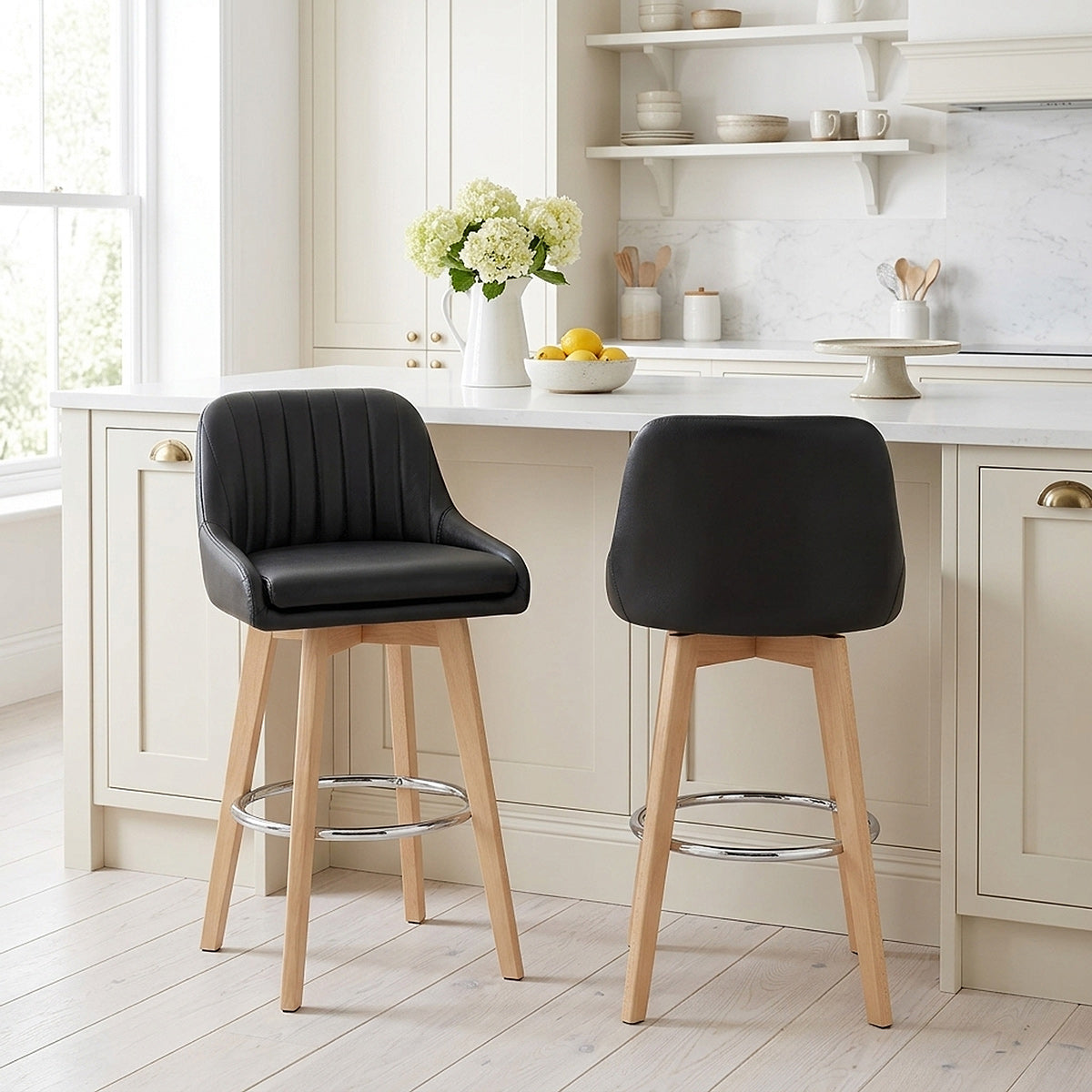 Tabouret de Bar Cuir Veritable Bois - Hamilton Noir