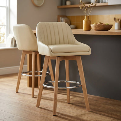 Tabouret de Bar Cuir Veritable Bois - Hamilton Crème