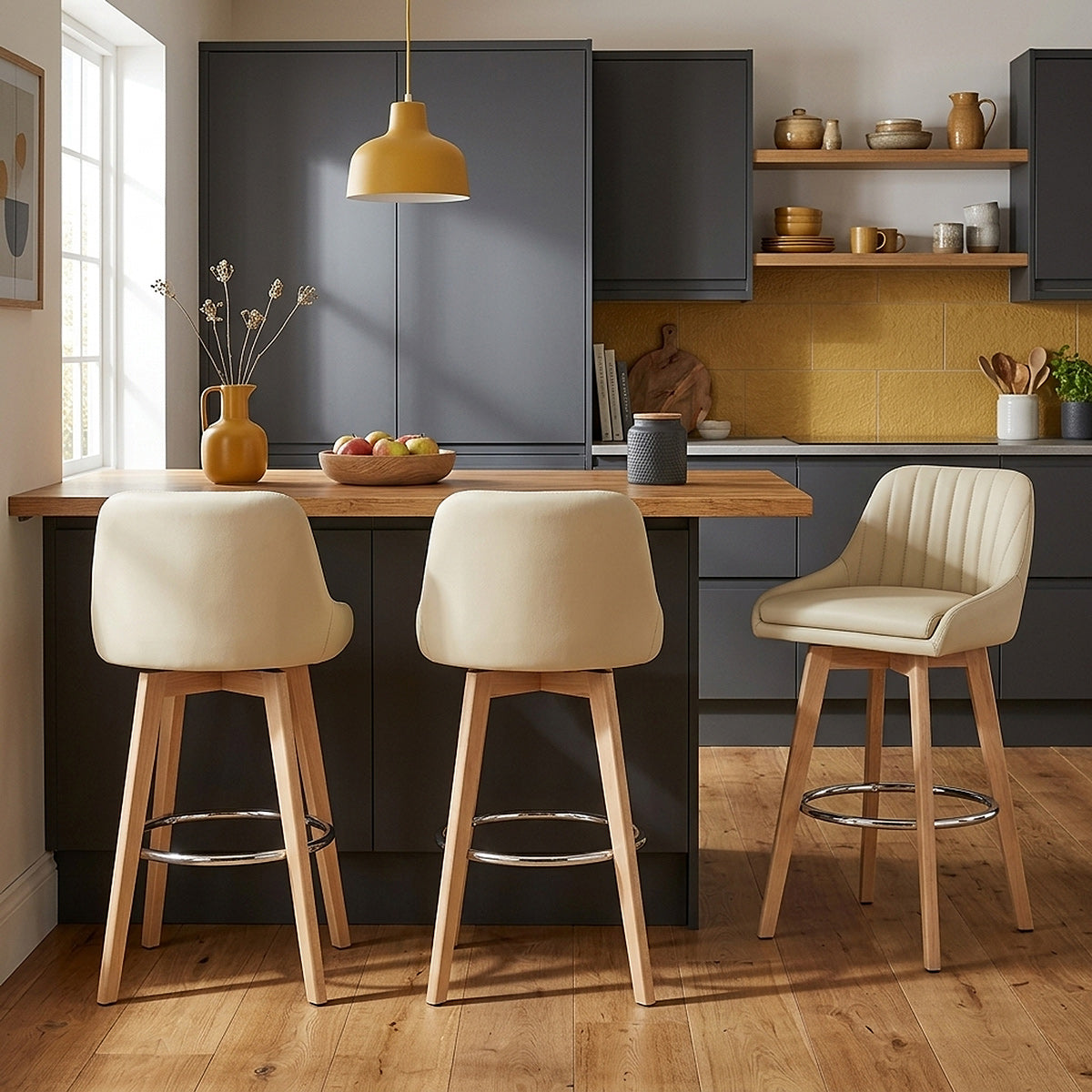 Tabouret de Bar Cuir Veritable Bois - Hamilton Crème