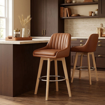 Tabouret de Bar Cuir Veritable Bois - Hamilton Marron