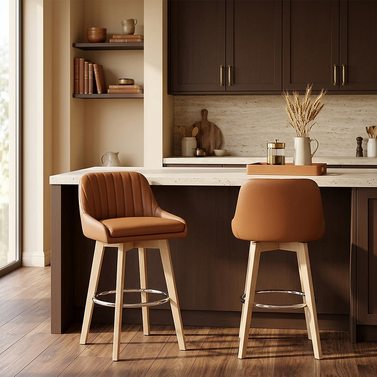 Tabouret de Bar Cuir Veritable Bois - Hamilton Marron