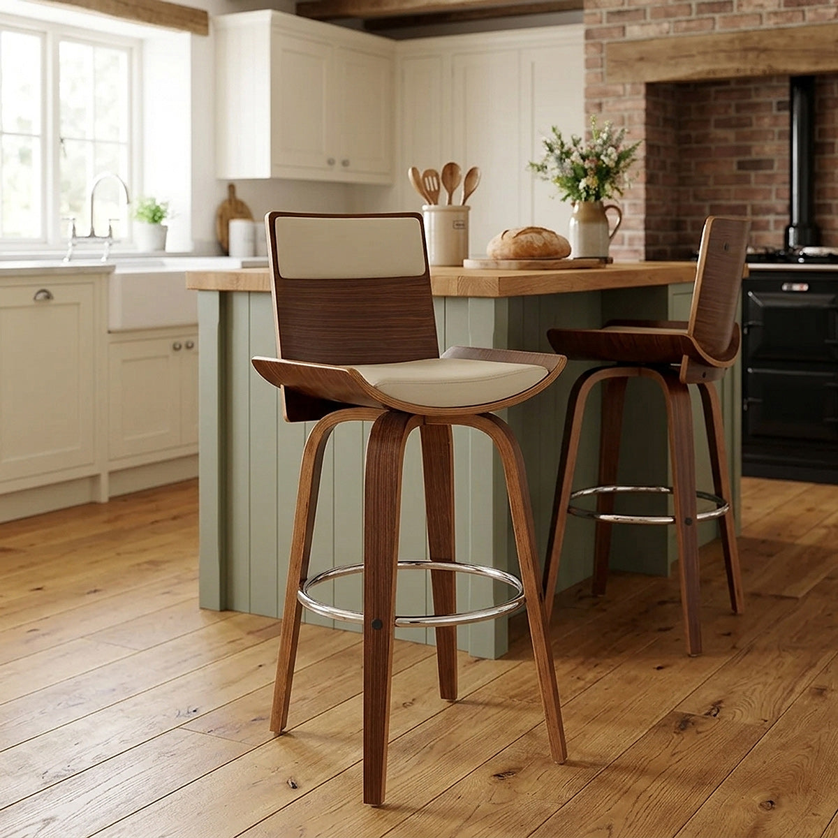 Tabouret Bois Simili Cuir - Harper Crème 