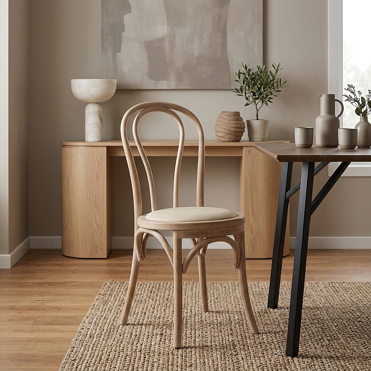 Chaise Bistrot Bois Cuir Véritable - Henri Crème