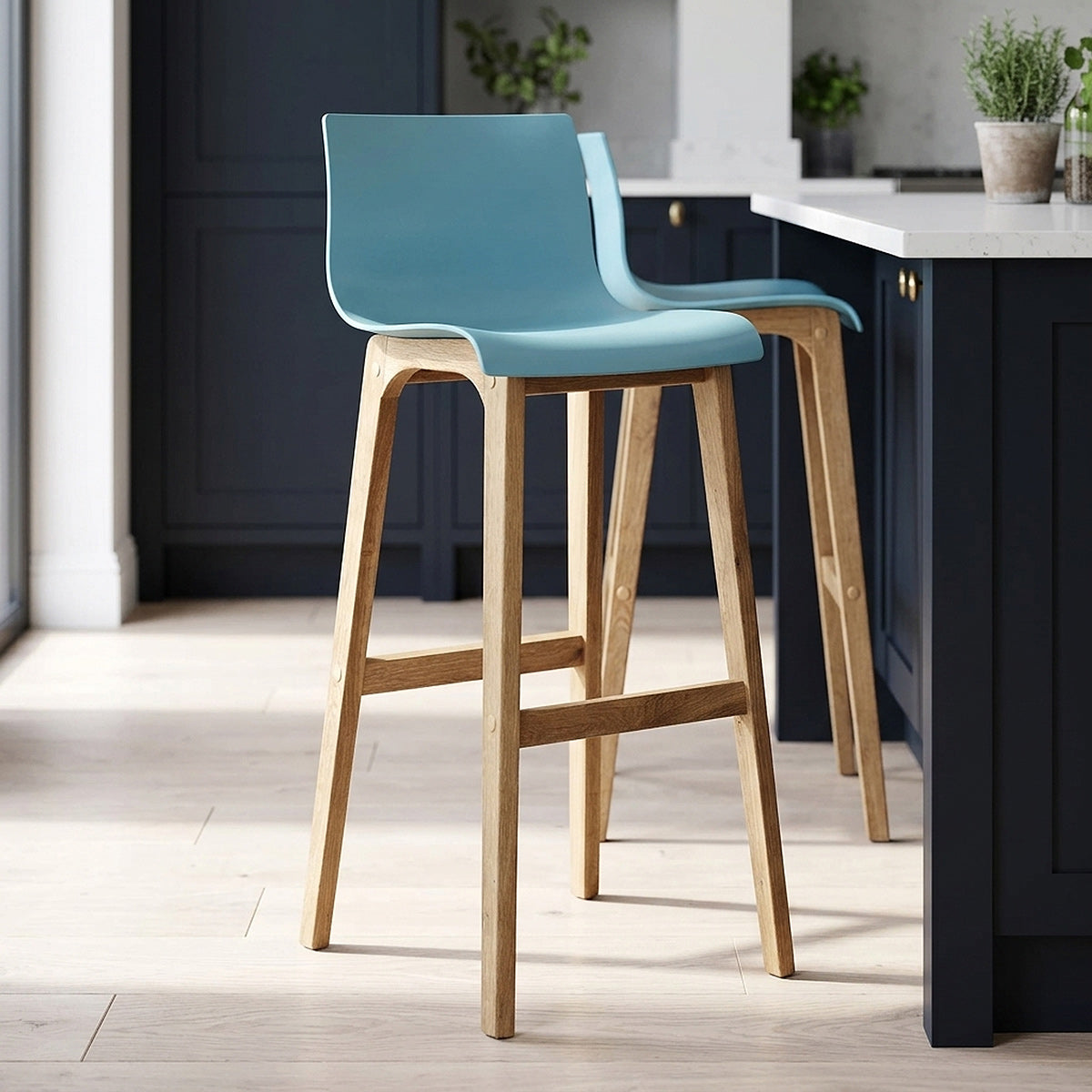 High Drift Oak & Blue Bar Stool