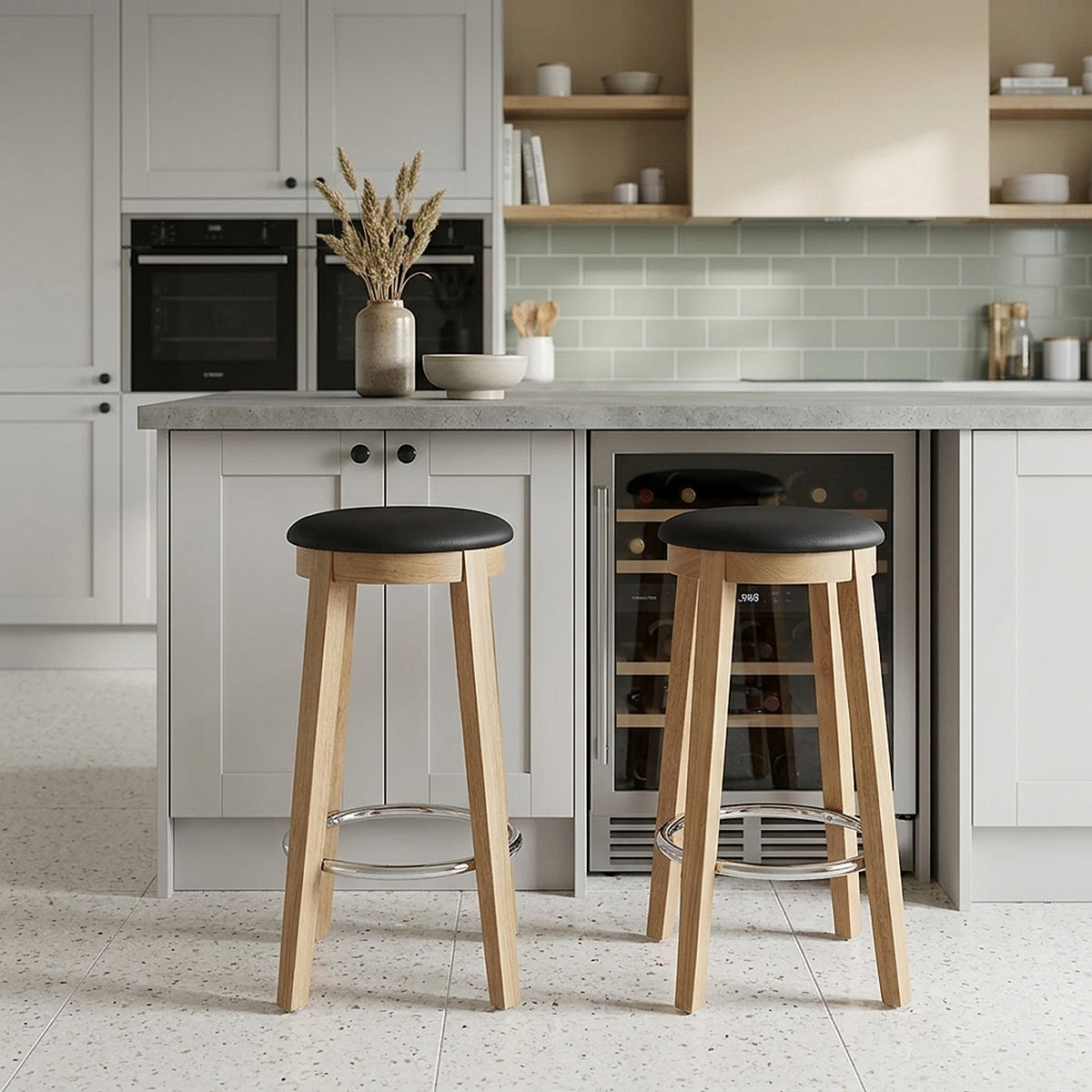 Tabouret de Bar Faux Cuir Bois - Ikon Chêne Noir 