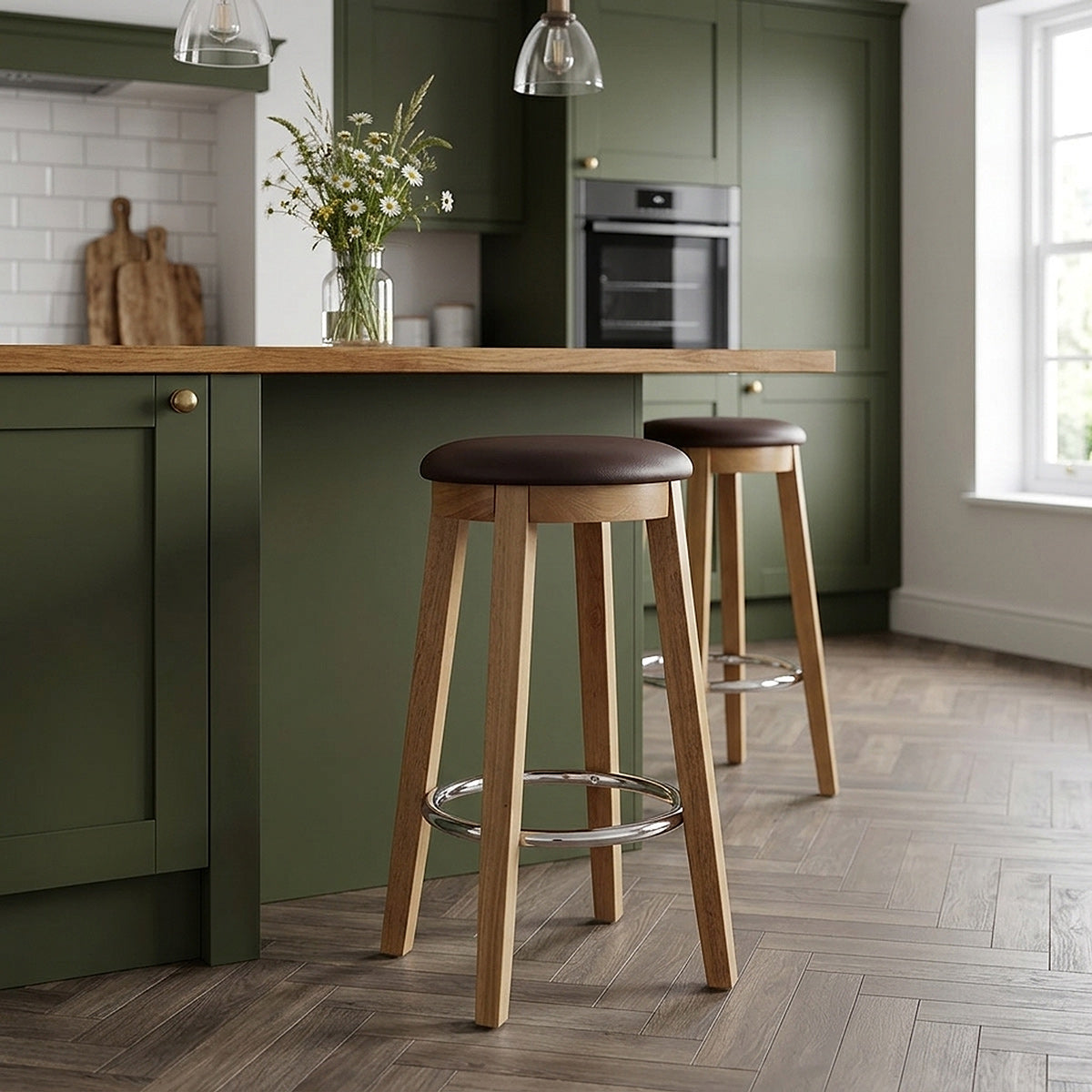 Tabouret de Bar Faux Cuir Bois - Ikon Chêne Marron 