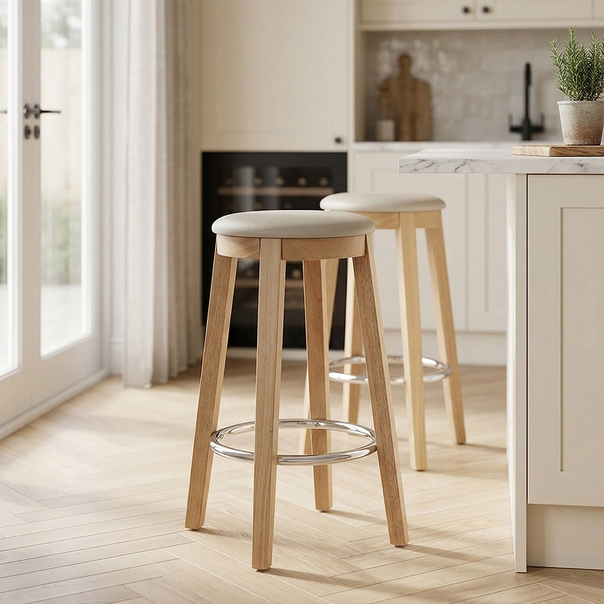 Tabouret de Bar Faux Cuir Bois - Ikon Chêne Crème 