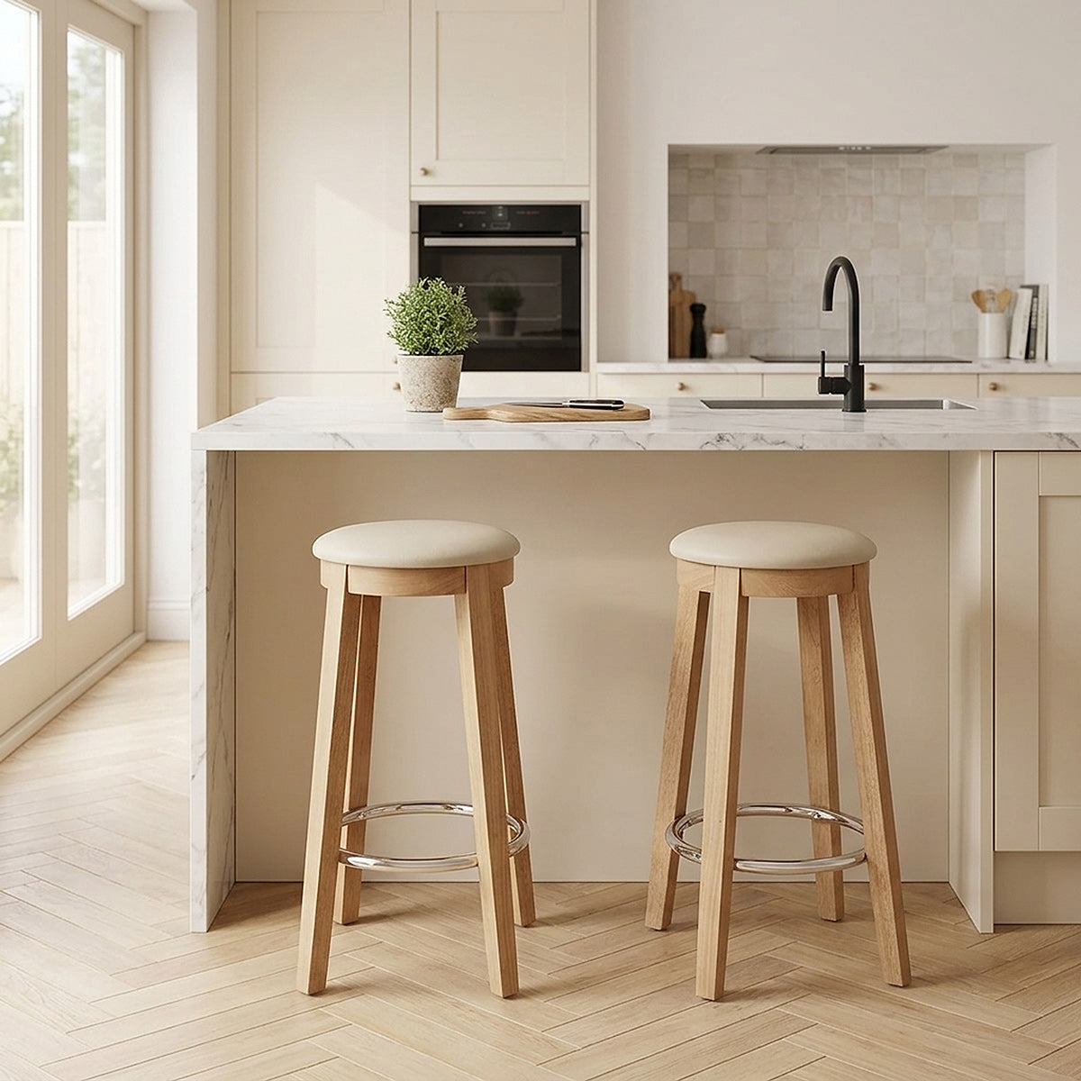 Tabouret de Bar Faux Cuir Bois - Ikon Chêne Crème 