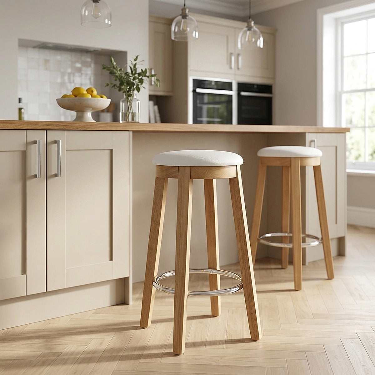 Tabouret de Bar Faux Cuir Bois - Ikon Chêne Blanc 