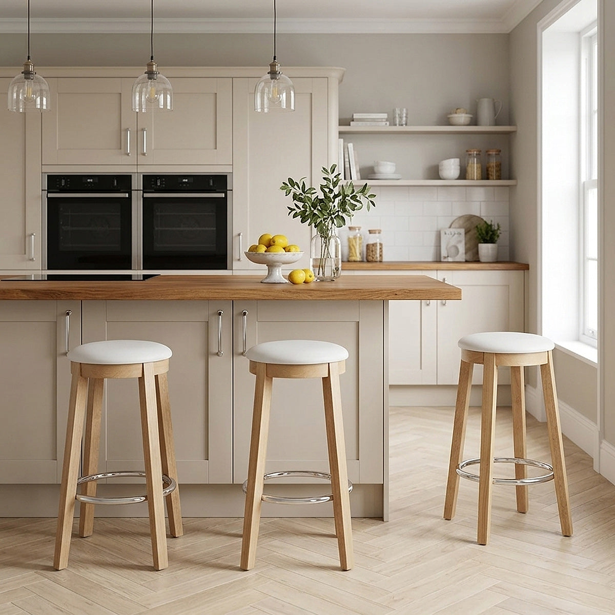 Tabouret de Bar Faux Cuir Bois - Ikon Chêne Blanc 