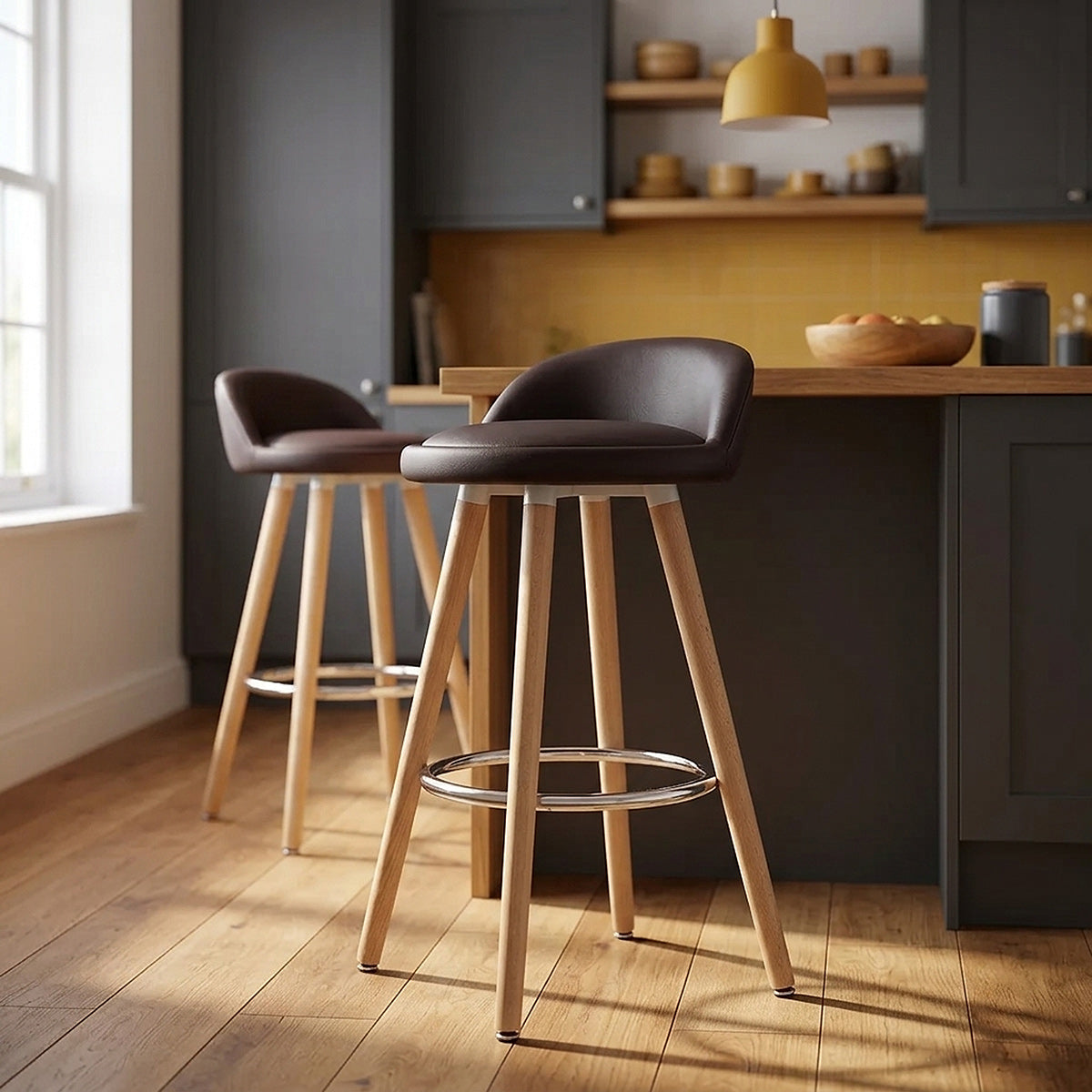 Tabouret de Bar Faux Cuir Bois - Jive Marron 