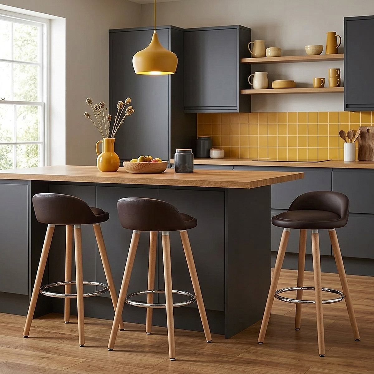 Tabouret de Bar Faux Cuir Bois - Jive Marron 