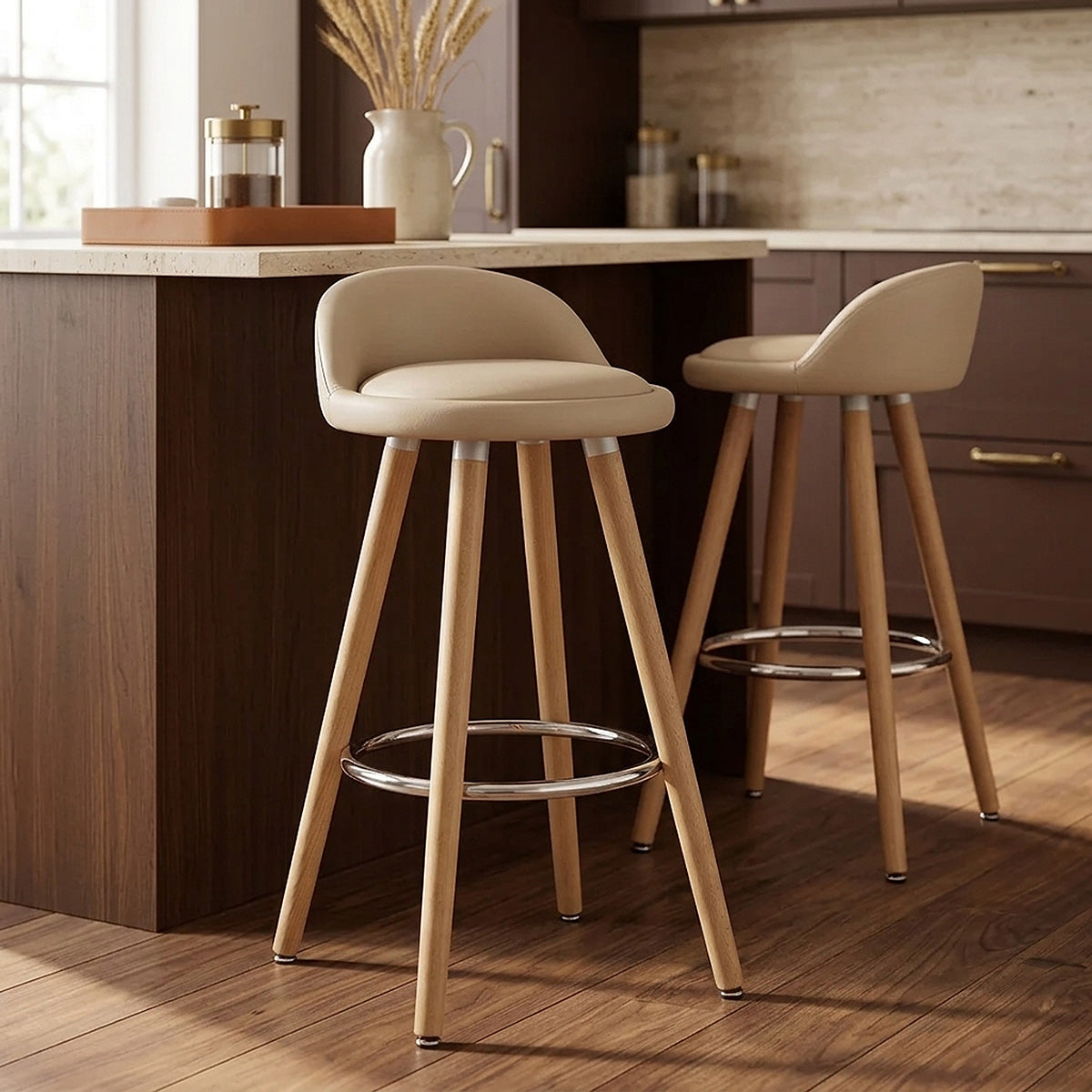 Tabouret de Bar Faux Cuir Bois - Jive Crème 