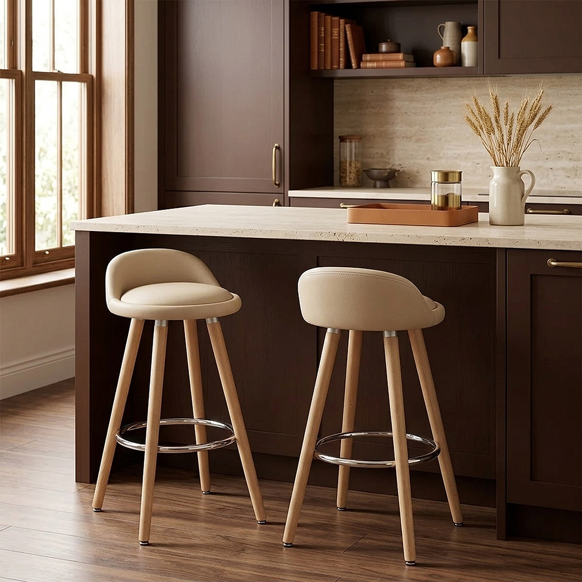 Tabouret de Bar Faux Cuir Bois - Jive Crème 