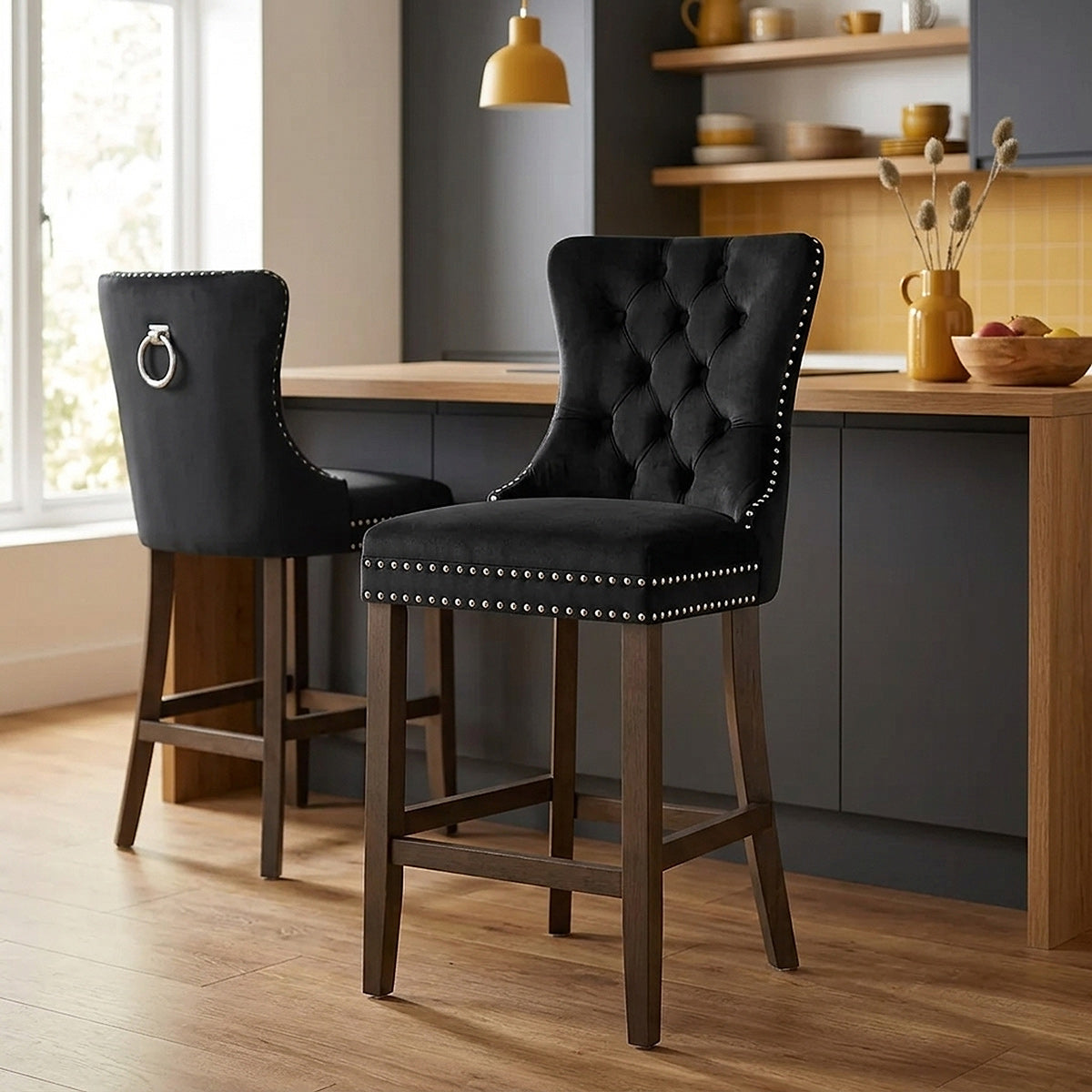 Tabouret de Bar Bois Velours - Kensington Noir 