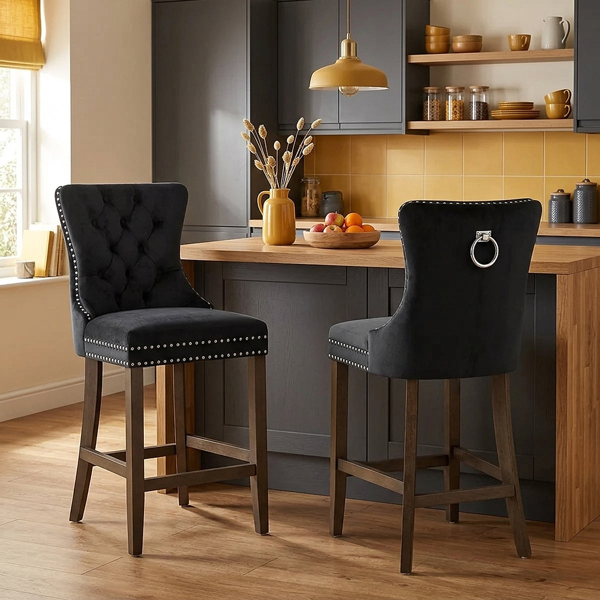 Tabouret de Bar Bois Velours - Kensington Noir 