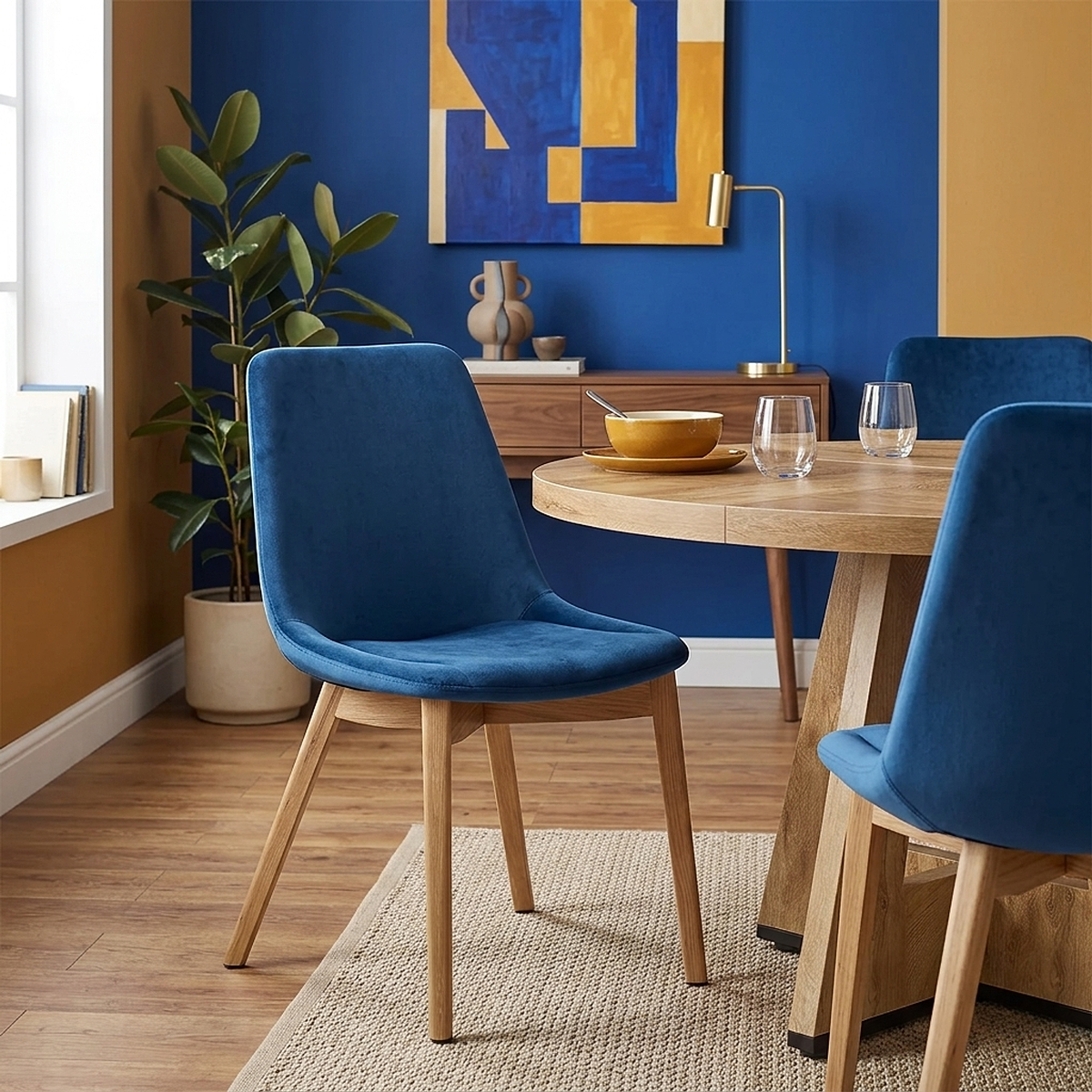 Chaise Velours Chêne - Kobe Bleu 