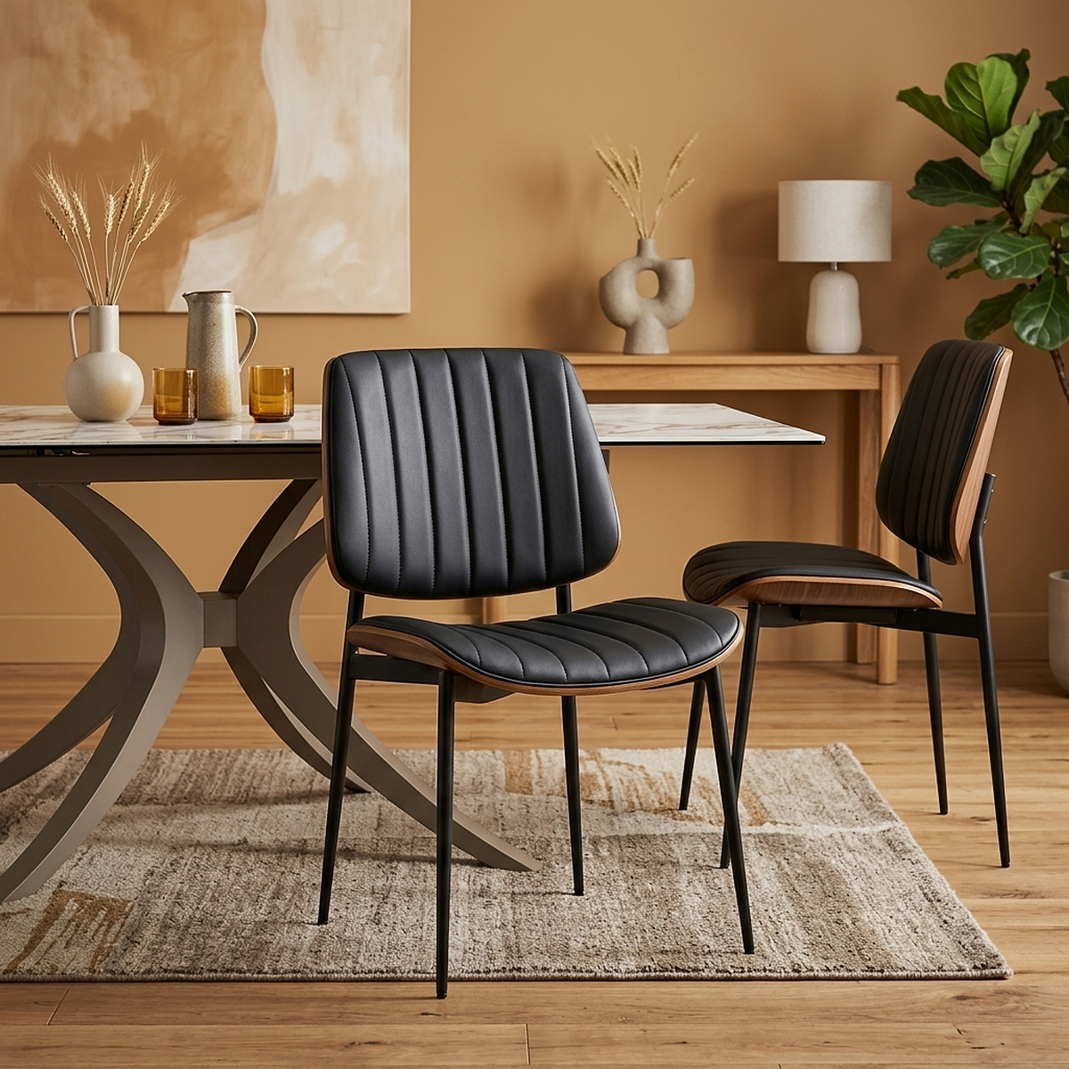 Chaise Bois Faux Cuir - Lara Noir 