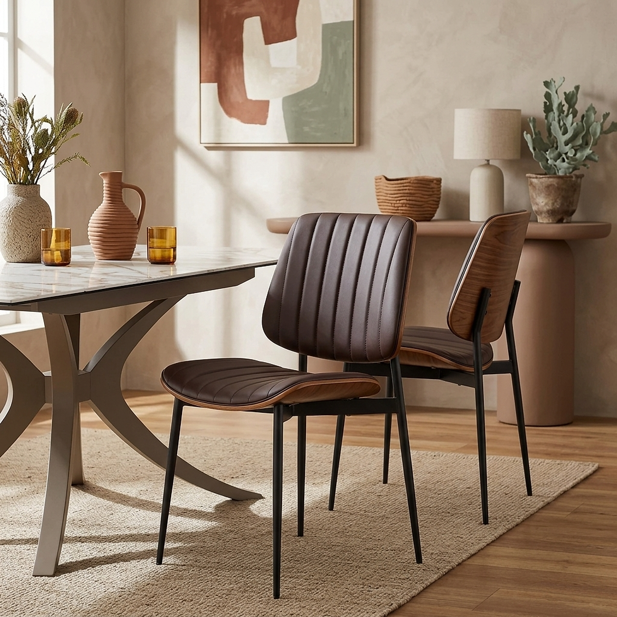 Chaise Bois Faux Cuir - Lara Marron 
