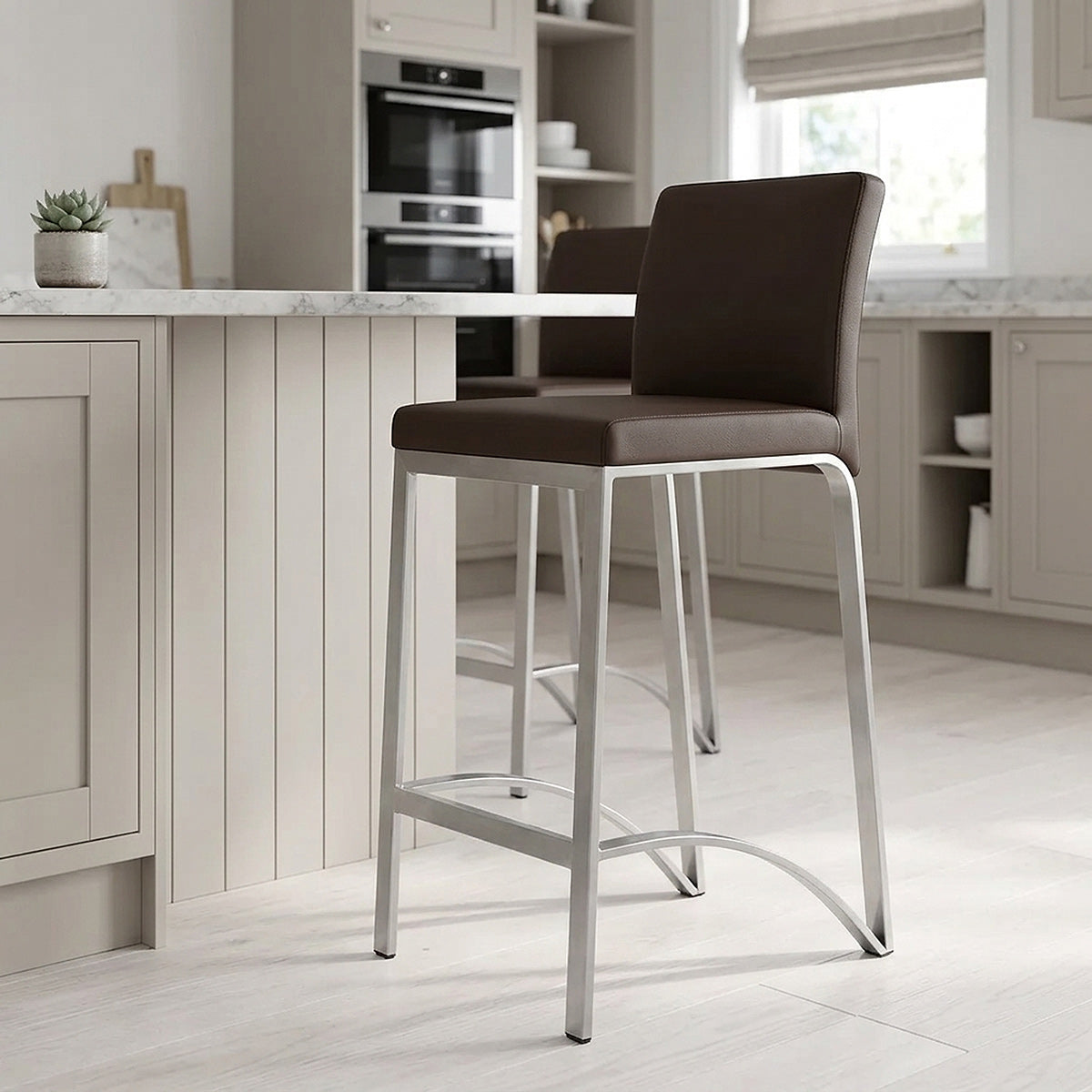 Tabouret Cuir Chrome Brossé - Leah Marron 